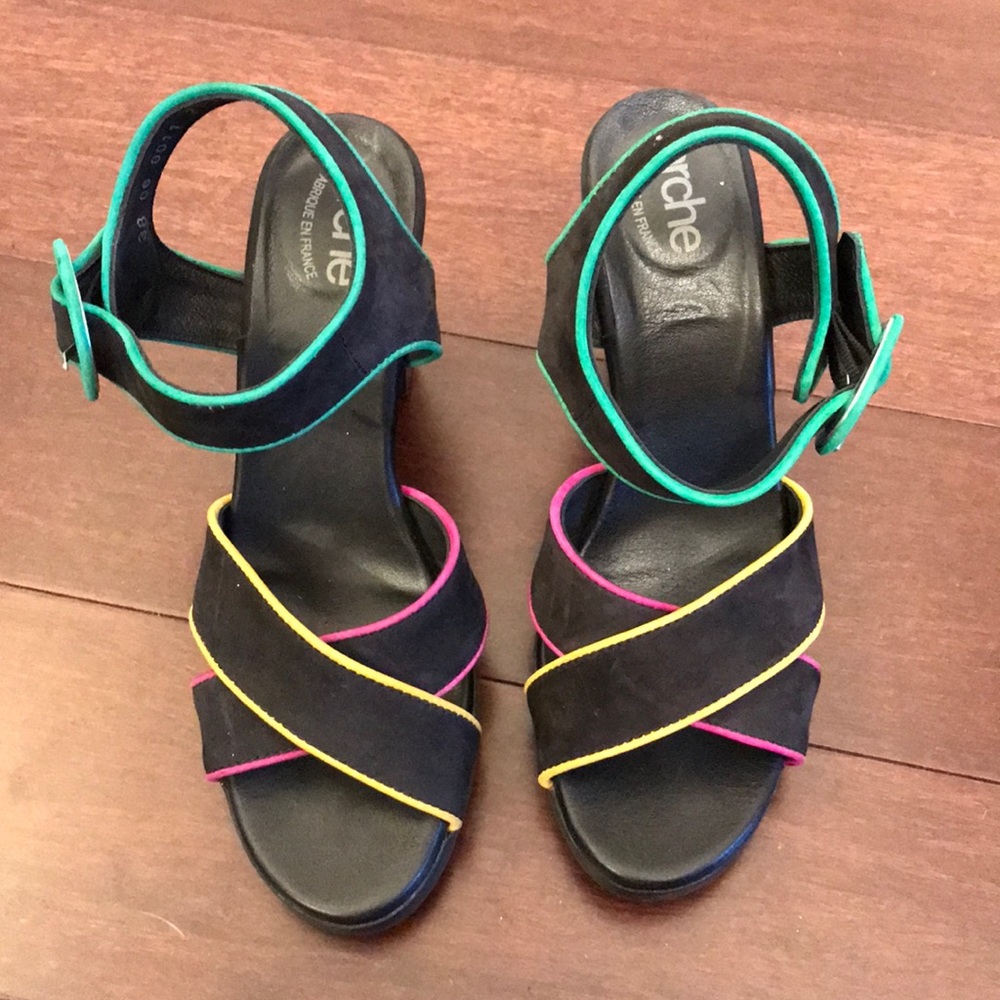 Arche Black Suede Heels with Green, Pink & Yellow Trim
